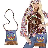 NET TOYS Borsa hippie, stile anni '70, con frange, motivo floreale, anni '60, in stile retrò, per feste a tema, per carnevale, accessori da donna