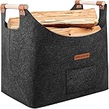 XL Legna da ardere cesto in feltro extra spesso e manico rinforzato | cesta per legna da interno | Cesto pieghevole in legno borsa in feltro come cesto per la spesa, legna, giornali (grigio ardesia)