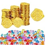 VGECEE 100 Pezzi Monete d'oro Pirata con 50 Gemme del Diamante Acrilico, Moneta Pirata in Plastica Monete Finte Regali per Caccia al Tesoro Pirati Bambini Decorazione per Feste Halloween Compleanno