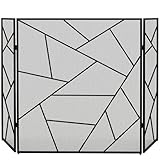HOMCOM Griglia Parascintille per Camino Pieghevole a 3 Pannelli, Schermo per Caminetto in Acciaio con Design Geometrico, 135x1.2x85cm, Nero