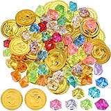 GOLDGE Set di 100 monete d'oro da pirata con 50 monete d'oro per bambini e 50 gemme pirate, perfette per la decorazione di compleanno dei bambini, per il compleanno dei bambini
