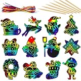 Mocoosy 48 pezzi di Carta da grattare natalizi artigianato per bambini, arcobaleno gratta e vinci magici decorazioni appese ornamenti natalizi per regali di Natale giocattoli fai da te per bambini