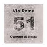 Numero Civico in piastra di alluminio composto rigido di spessore 3,5mm quadrato - Targa con numero e/o via personalizzata Omologata a rilievo oppure stampata (Argento)