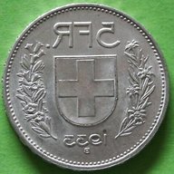 5 franchi svizzeri argento 1933 usato